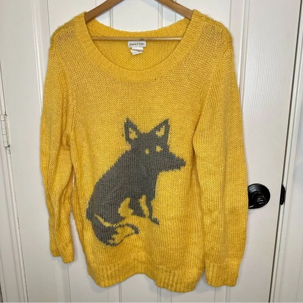 VTG Monroe & Main Mustard Yellow Gray Fox Knit Sweater XL Boho Preppy Holidays